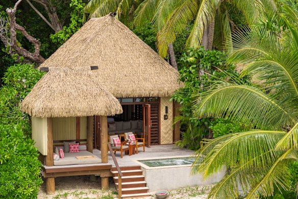 A deluxe beachfront bure, with private plunge pool, is close to the beach and tidal lagoon.