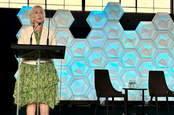 Bronwyn Halfpenny speaking at the tech summit in Melbourne on Tuesday.