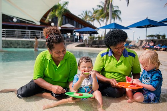 Babysitters care for little ones at Blu Banana Kids’ Club.