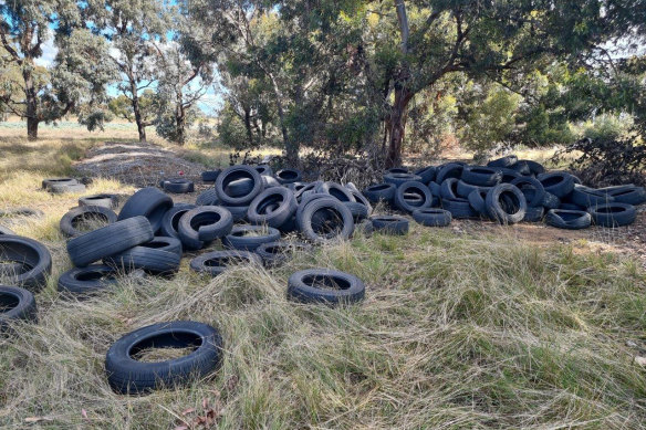 A recently discovered tyre dump in Lawrie Emmins Reserve, Laverton North.