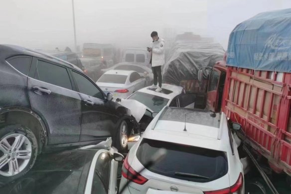 A pile-up involving more than 200 cars and trucks broke out in the central Chinese city of Zhengzhou.