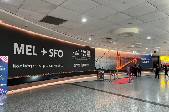 The reopening of the route was celebrated with a large image of the Golden Gate Bridge at Melbourne Airport.