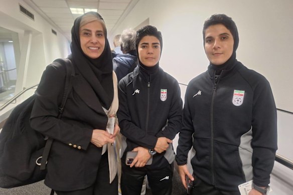 An image released by Iran’s Tasnim news agency of the three members of Iran’s women’s football team who decided to return home after being granted humanitarian visas.
