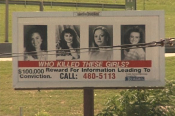A poster bearing photos of the four murdered girls in the true-crime documentary The Yogurt Shop Murders.