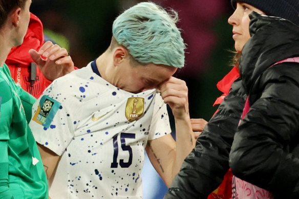 Megan Rapinoe reacts after being knocked out in the round of 16 in her final World Cup.