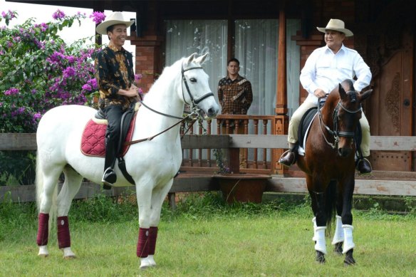 Indonesian President Joko Widodo (left) and Opposition Leader Prabowo Subianto on the latter’s estate in 2016.