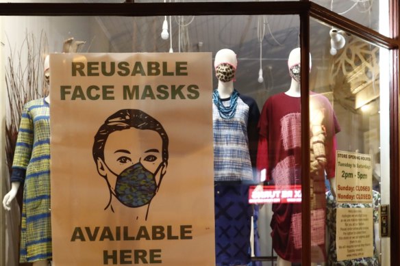 A shop on Sydney Road in Brunswick, Melbourne, displays a collection of face masks.