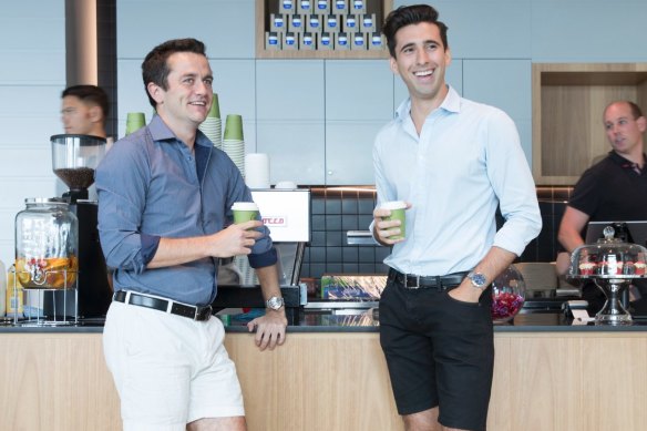 Lawyers Jamieson Doyle-Taylor, left, and Robert Scutella wore shorts to work to fundraise for beyondblue.