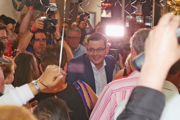 Labor supporters surround Andrews as he prepares to make his victory speech after the so-called “Danslide” in 2018.