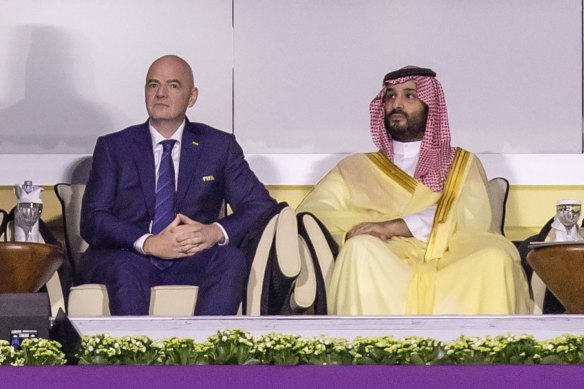 Gianni Infantino (left) and Saudi crown prince Mohammed bin Salman at Saudi Arabia’s win against Argentina.