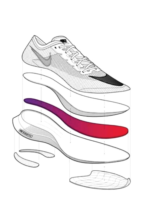 A cross-section of a Vaporfly shoe showing the carbon fibre plate (in pink) sandwiched between squishy foam midsoles.