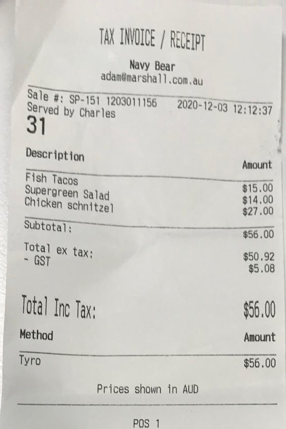 Receipt for Lunch with Stephen Page at the Navy Bear 