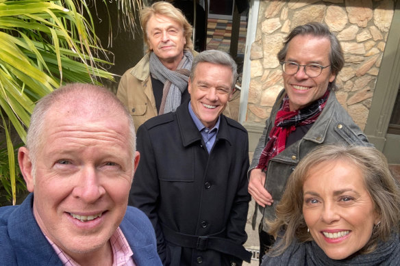 From left: Geoff Paine, Peter O’Brien, Stefan Dennis, Guy Pearce and Annie Jones behind the scenes of Neighbours.