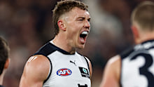 Patrick Cripps of the Blues celebrates a goal.
