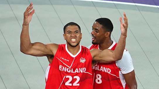 England’s Myles Hesson celebrates the clutch shot which won gold in the men’s 3x3 basketball.