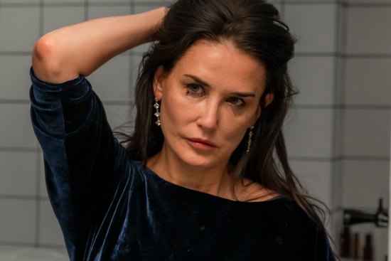 Demi Moore as Elisabeth Sparkle, a TV exercise show presenter deemed past it by her station boss (Dennis Quaid), in The Substance.