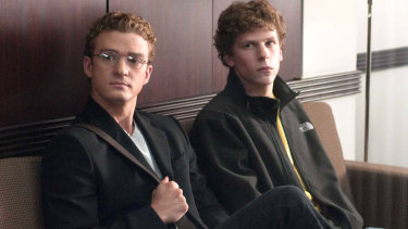 Justin Timberlake as Sean Parker, left, and Jesse Eisenberg as Mark Zuckerberg in The Social Network. 