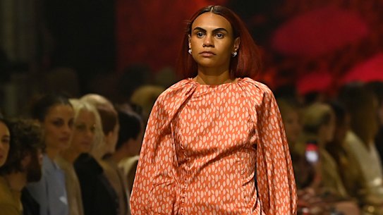 A model wears Clair Helen in the First Nations Fashion Design parade at Australian Fashion Week 2021.