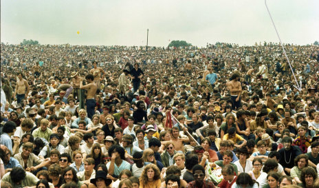 The crowd at Woodstock, including Peter Thompsett (arrow pointing to him).