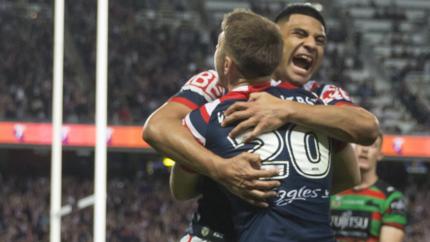 Yesterday's hero: Paul Momirovski, No.20, reacts after scoring for the Roosters in last year's qualifier final. 