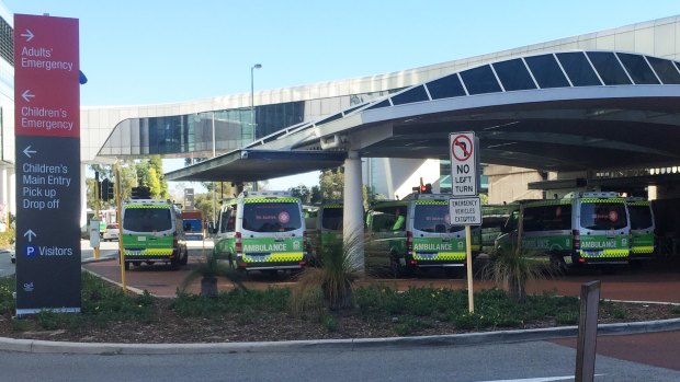 Ambulances ramped outside Sir Charles Gairdner Hospital emergency department on Monday, March 12. 