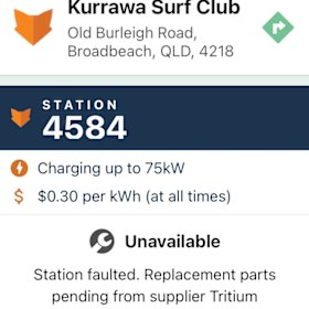 A screen shot showing broken Tritium charging stations across Australia’s east coast