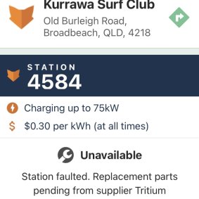 A screen shot showing broken Tritium charging stations across Australia’s east coast