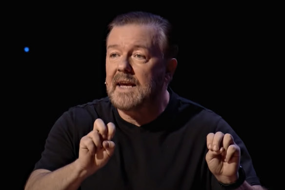 English comedian Ricky Gervais during his Netflix special SuperNature.