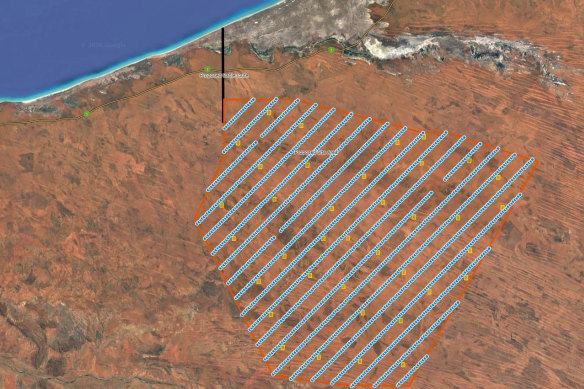 The blue lines represent wind turbines, the yellow squares solar arrays.