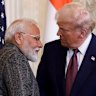 US President Donald Trump, right, and Narendra Modi, India’s prime minister, shake hands during a news conference in the East Room of the White House in Washington, DC, US, on Thursday, Feb. 13, 2025. The head of the world’s most populous nation faces a minefield in negotiations with Trump, who has signaled that India remains a potential tariff target despite a deepening partnership between the two countries. Photographer: Francis Chung/Politico/Bloomberg