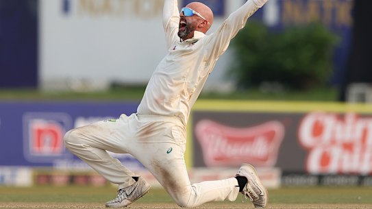 Nathan Lyon of Australia appeals unsuccessfully for the wicket of Kusal Mendis