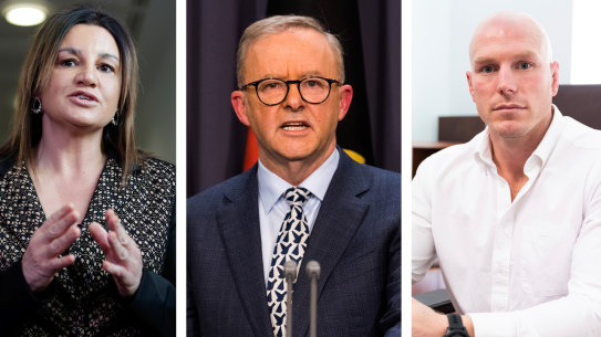 Anthony Albanese, centre, has the support of Jacqui Lambie and David Pocock for legislating a 2030 emissions reduction target.