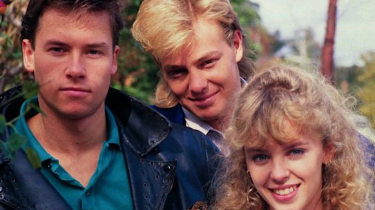 Guy Pearce (left), Jason Donovan and Kylie Minogue in the Neighbours heyday.