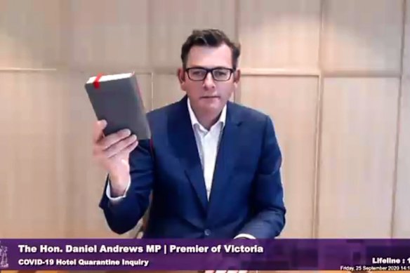 September 2020: Taking the oath at the hotel quarantine inquiry.