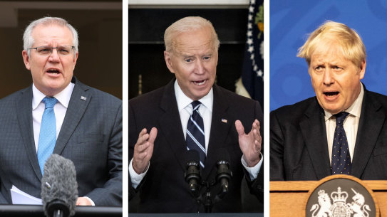 Scott Morrison, Joe Biden and Boris Johnson unveiling the AUKUS alliance.