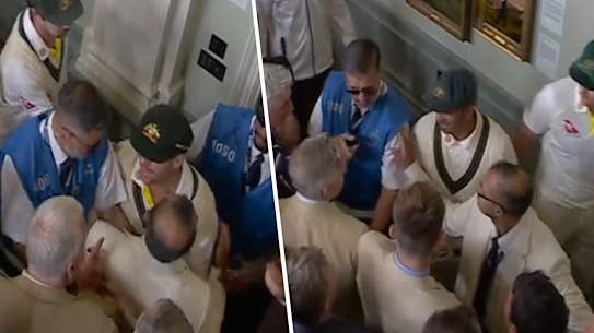 Usman Khawaja and David Warner confront fans at Lord’s.