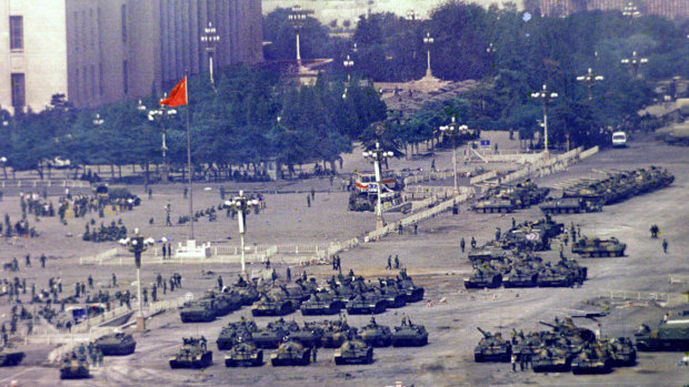 Troops and tanks gather in Beijing on June 5, 1989, one day after the military crackdown.