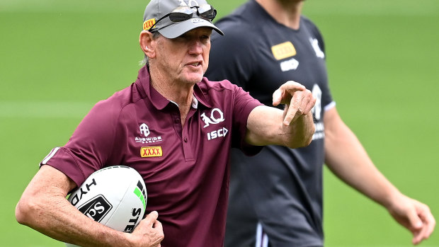 Coach Wayne Bennett gives directions during a Queensland Maroons State of Origin training session at Cbus Super Stadium on October 27.