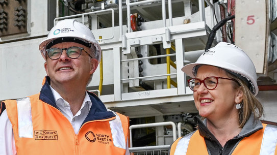 Prime Minister Anthony Albanese and Premier Jacinta Allan touring a North East Link site in May 2024. The federal government is putting $5 billion into the project.