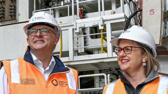 Prime Minister Anthony Albanese and Premier Jacinta Allan touring the North East Link site on Thursday.