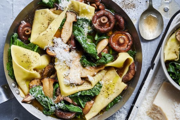 Parmesan and mushroom pasta soup. Image rotated.Â  SageÂ CreativeÂ autumn/winter recipes for Good Food online and Home Front. August 2022. Good Food use only. Please credit James Moffatt