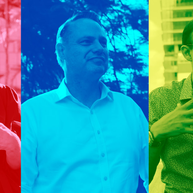 Brisbane lord mayoral candidates Tracey Price (Labor), Adrian Schrinner (LNP) and Jonathan Sriranganathan (Greens).
