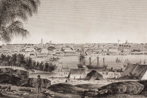 Many languages were already spoken across the continent when the British arrived. This image shows the mouth of Sydney’s Parramatta River c 1801.