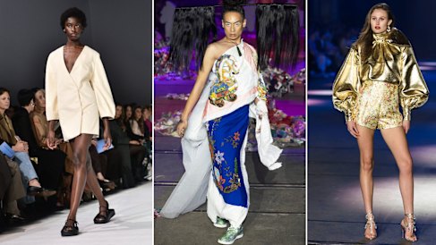 Index image for Fashion Week wrap. From left: Bianca Spender, Jordan Gogos/Akira Isogawa, Alemais