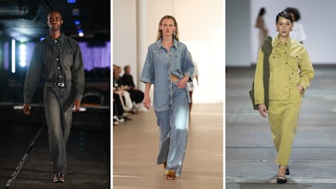Double denim at Wynn Hamlyn (left) and Aje; coloured denim at Blanca Studio.