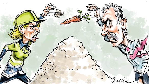 Lynas chief executive Amanda Lacaze and Wesfarmers managing director Rob Scott. Illustration: Joe Benke