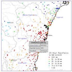 Areas in Sydney's catchment have reported big falls in recent days. Oakdale near Lake Burragorang/Warragamba collected more than 300 millimetres.