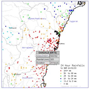 Areas in Sydney's catchment have reported big falls in recent days. Oakdale near Lake Burragorang/Warragamba collected more than 300 millimetres.