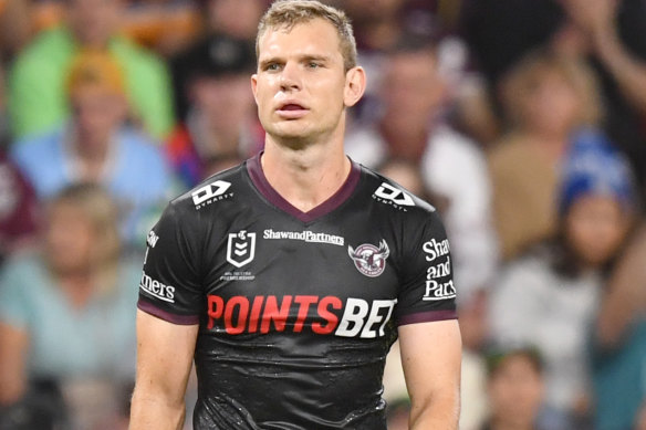 Tom Trbojevic was hampered by injury as Manly crashed to a 38-0 loss to Brisbane.