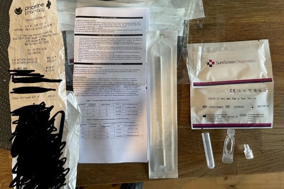 One of the rapid antigen tests meant to be used only by medical professionals but sold at Highpoint Priceline for $55 for a pack of four.